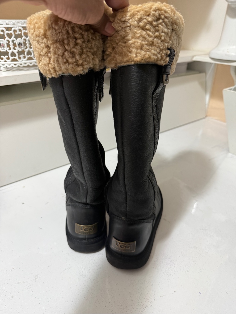 UGG Black Leather Tall Boot with Chestnut Shearling Cuff